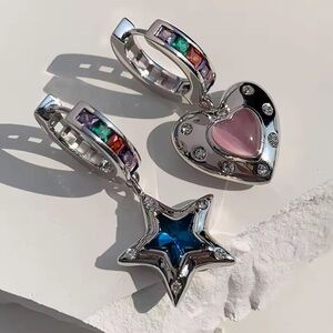 Silver Rainbow Charm Hoops –Crystal Heart&Star Drop, Elegant Statement Earrings